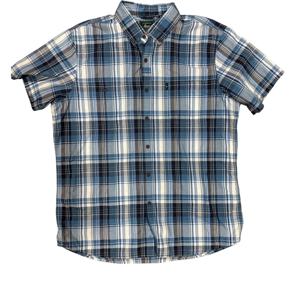 G.H.‎ Bass Co. Mens Plaid Short Sleeve Button Down Shirt XL Blue Tan White